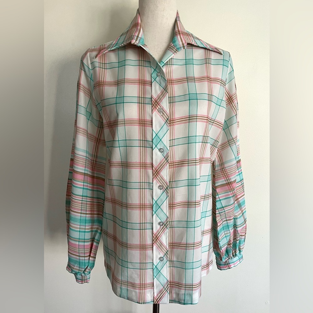 Vintage 70s Plaid Women’s Button Up Shirt Dearborn Collar Coastal Cowgirl Sz M